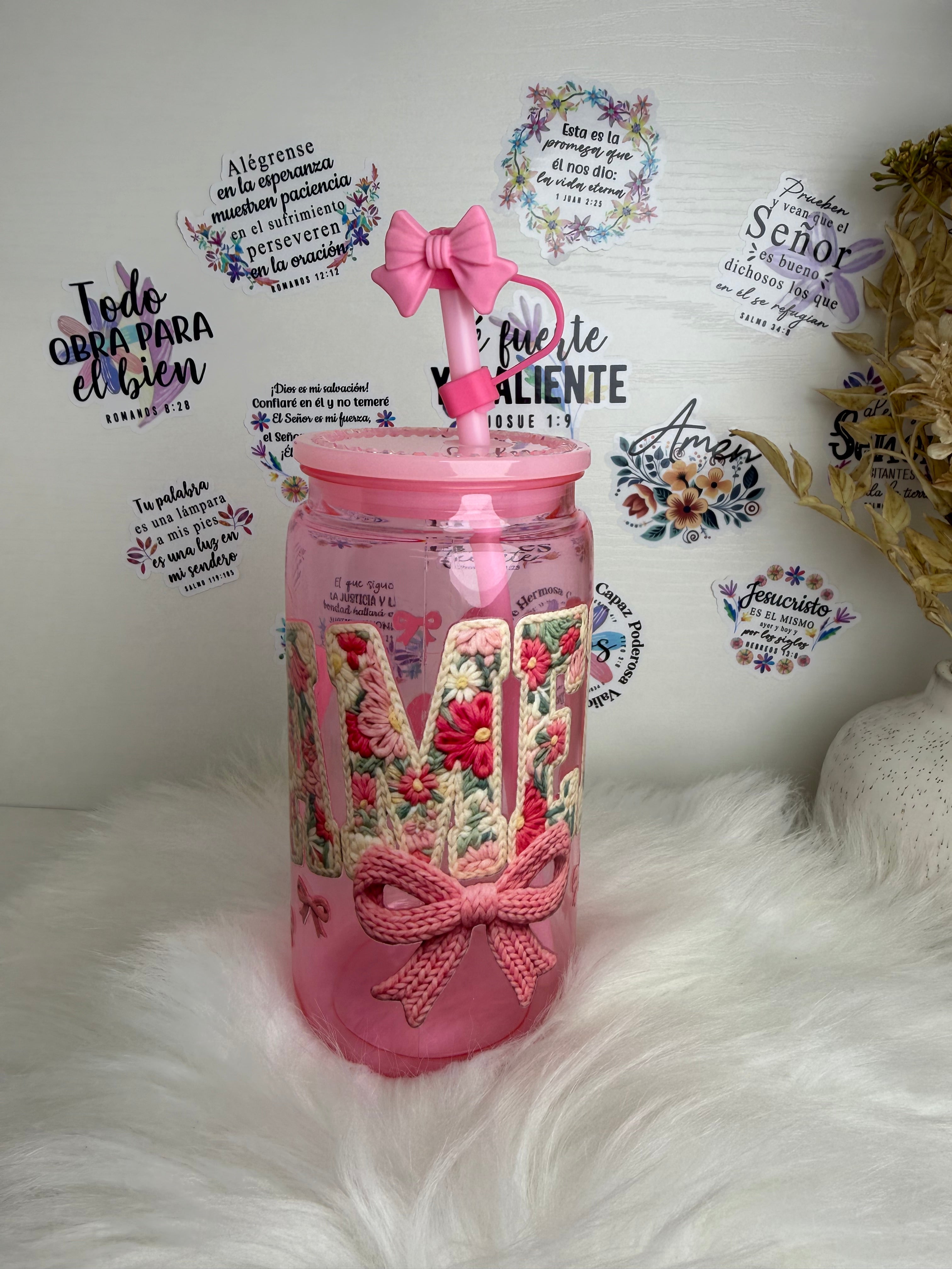 Vaso Decorado “Amén” Floral Rosa con Piedrería