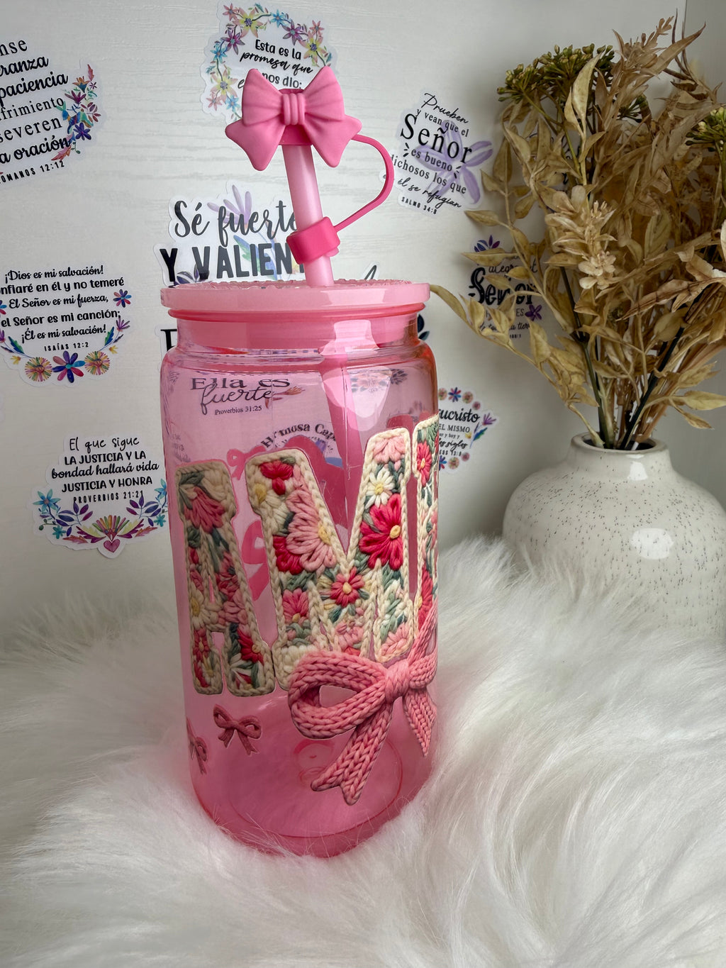 Vaso Decorado “Amén” Floral Rosa con Piedrería