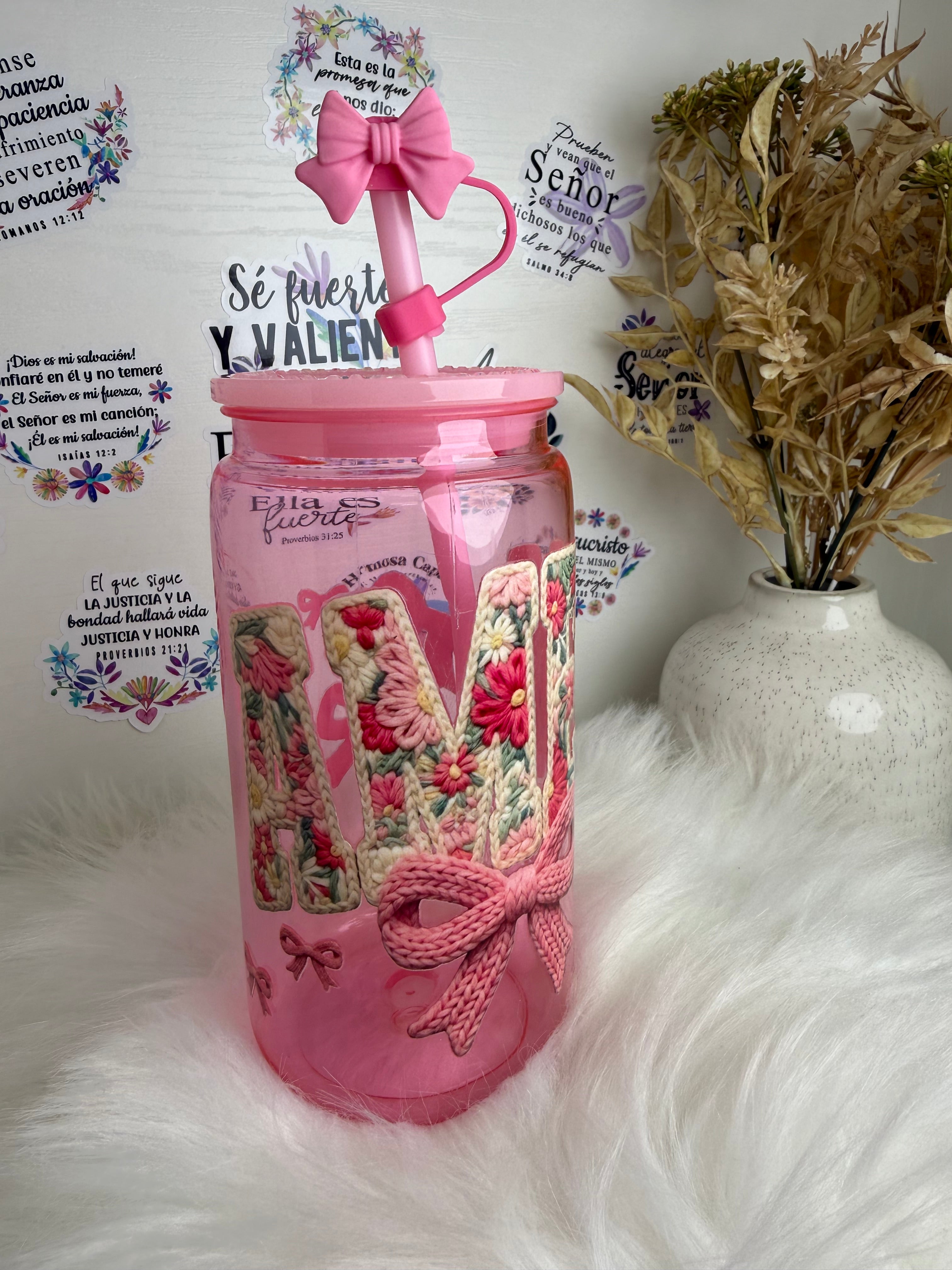 Vaso Decorado “Amén” Floral Rosa con Piedrería