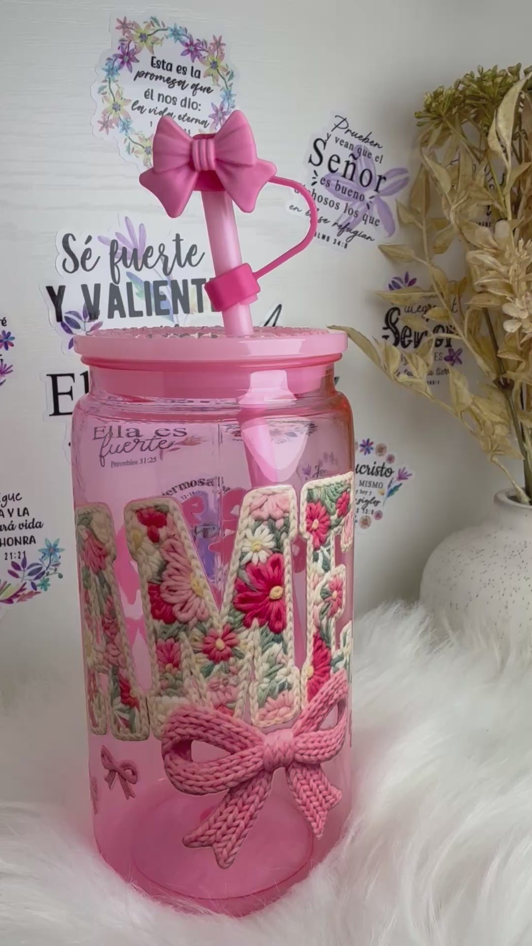 Vaso Decorado “Amén” Floral Rosa con Piedrería